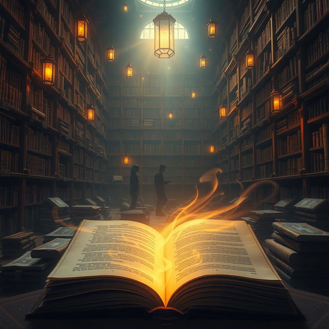 A mystical scene depicting a vast, ethereal library filled with ancient books and scrolls