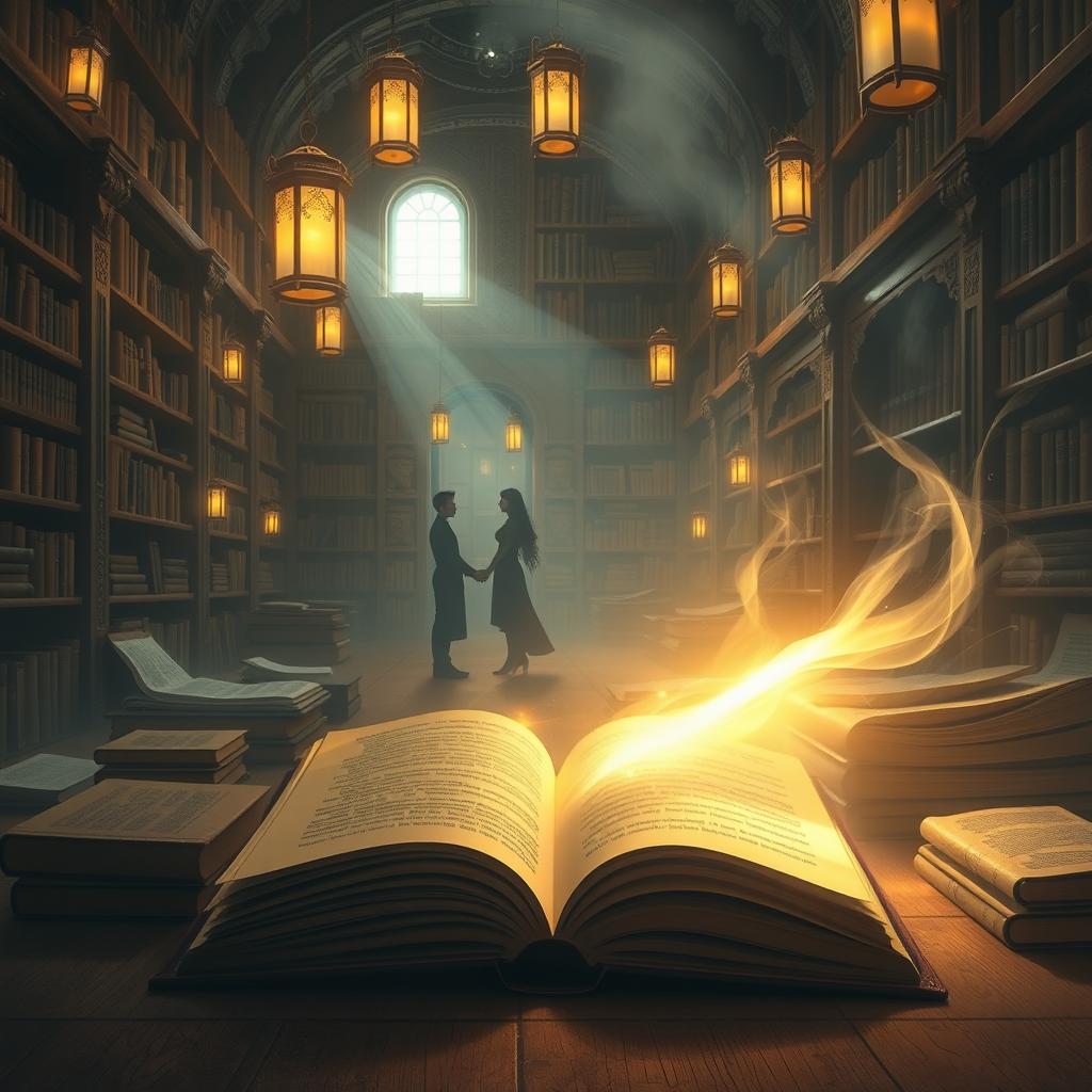 A mystical scene depicting a vast, ethereal library filled with ancient books and scrolls