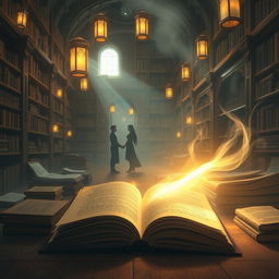 A mystical scene depicting a vast, ethereal library filled with ancient books and scrolls