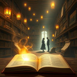A mystical scene depicting a vast, ethereal library filled with ancient books and scrolls