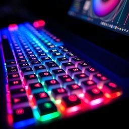 A close-up view of a gaming keyboard, featuring vibrant RGB lighting effects
