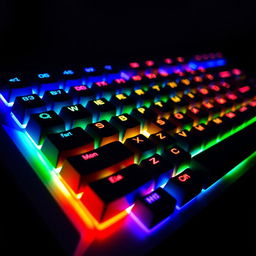 A close-up view of a gaming keyboard, featuring vibrant RGB lighting effects