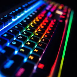 A close-up view of a gaming keyboard, featuring vibrant RGB lighting effects