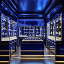 A 10 feet by 25 feet jewellery shop with royal blue aesthetics, filled with luxurious display cases of sparkling jewels and elegant lighting.