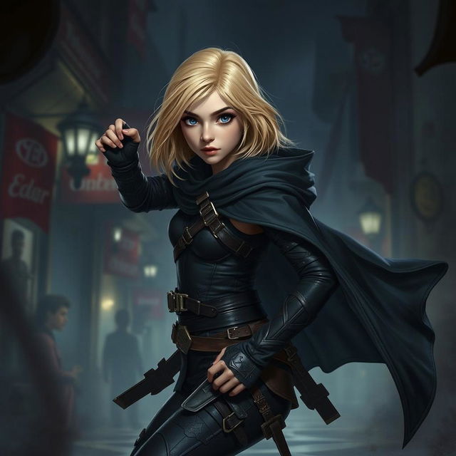 A female young human rogue standing confidently, with vibrant blond shoulder-length hair and striking blue eyes, wielding a dagger poised for action