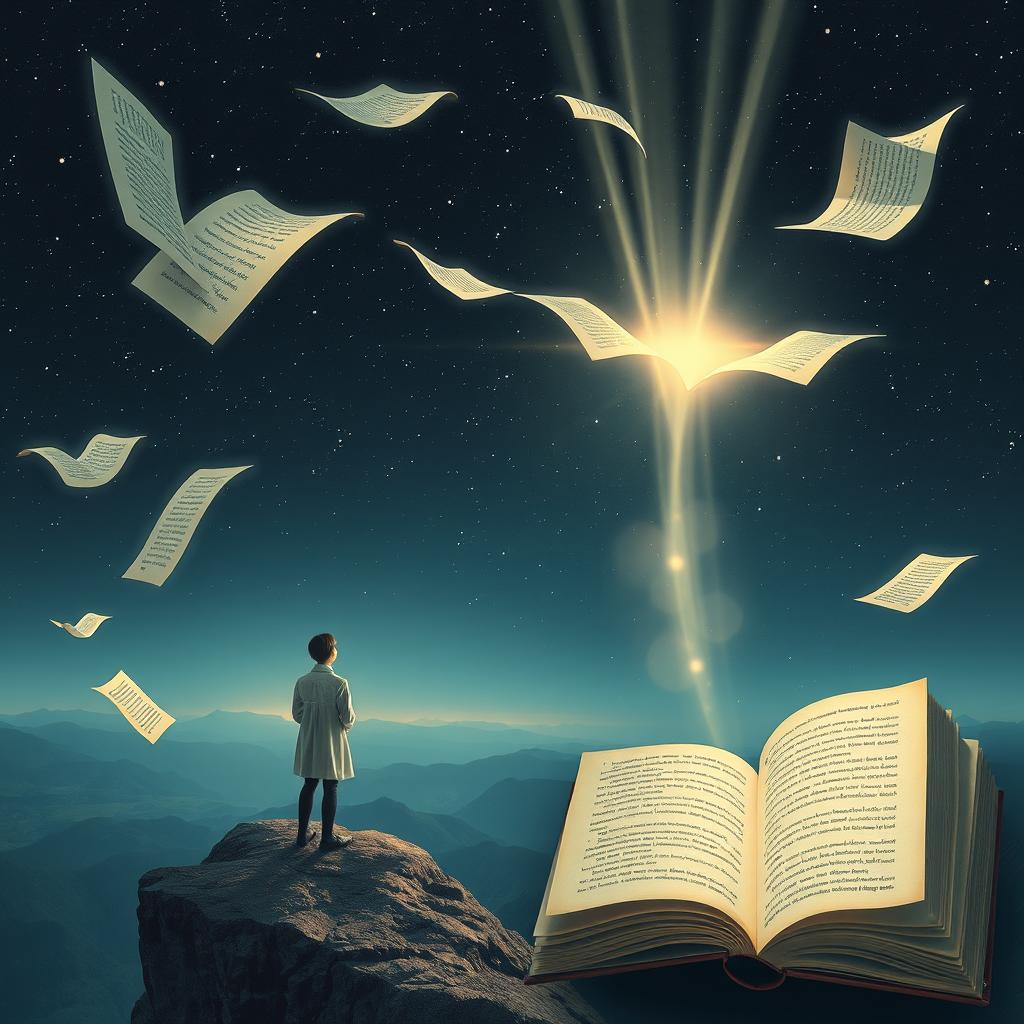 A surreal scene depicting the concept of unfinished stories intertwined with fate