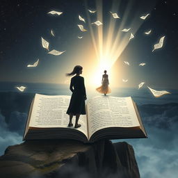 A surreal scene depicting the concept of unfinished stories intertwined with fate