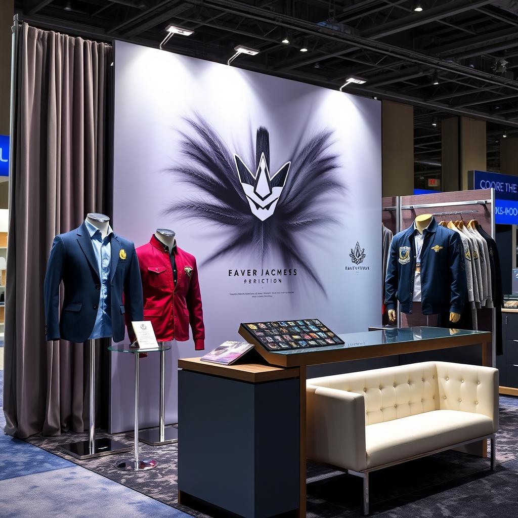 A vibrant and inviting 6x8 foot trade show booth showcasing luxury custom printed and embroidered apparel