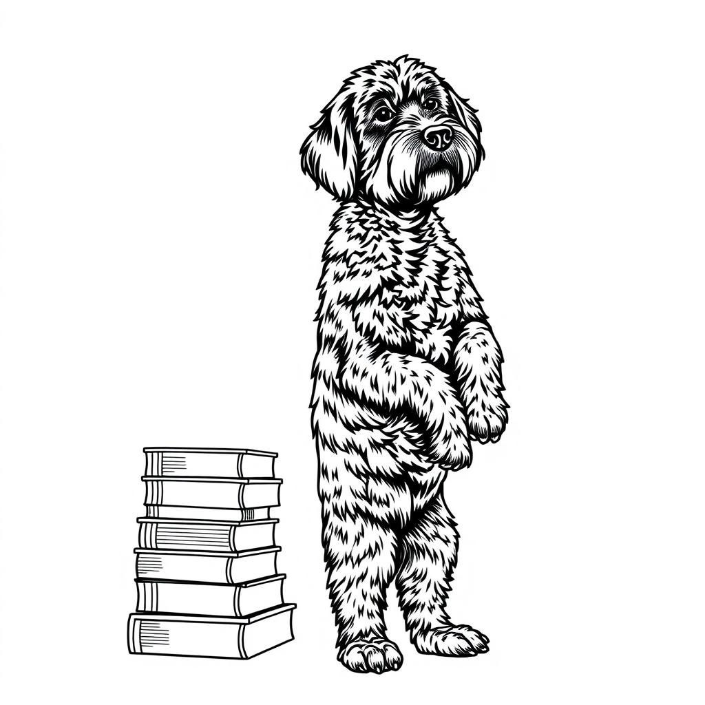A Lagotto Romagnolo standing on its two back legs, leaning with its two front paws placed on a stack of books