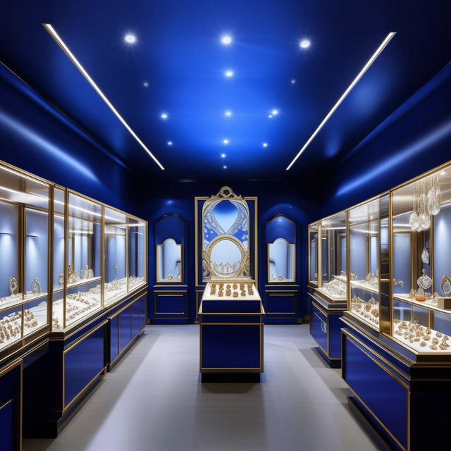 A 10 feet by 25 feet jewellery shop with royal blue aesthetics, filled with luxurious display cases of sparkling jewels and elegant lighting.