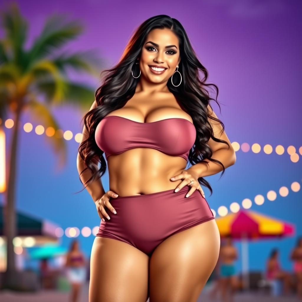 A full-body portrait of a curvy woman with large breasts and a voluptuous figure, dressed in a tight-fitting outfit that highlights her curves