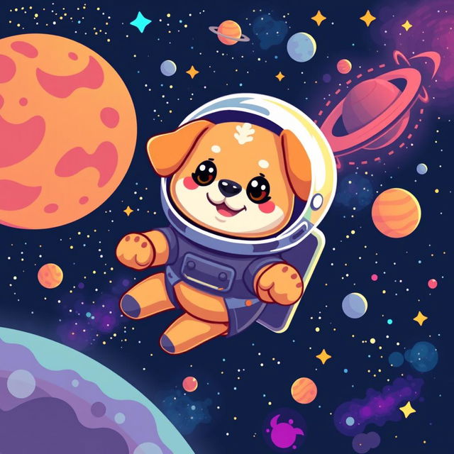 A cute dog astronaut floating in space, wearing a glossy space suit, surrounded by vibrant stars, planets, and colorful nebulae in the background
