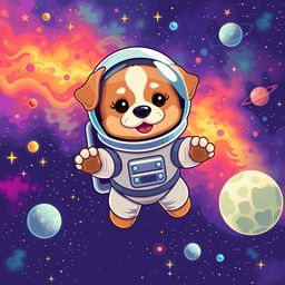 A cute dog astronaut floating in space, wearing a glossy space suit, surrounded by vibrant stars, planets, and colorful nebulae in the background
