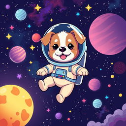 A cute dog astronaut floating in space, wearing a glossy space suit, surrounded by vibrant stars, planets, and colorful nebulae in the background