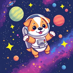 A cute dog astronaut floating in space, wearing a glossy space suit, surrounded by vibrant stars, planets, and colorful nebulae in the background