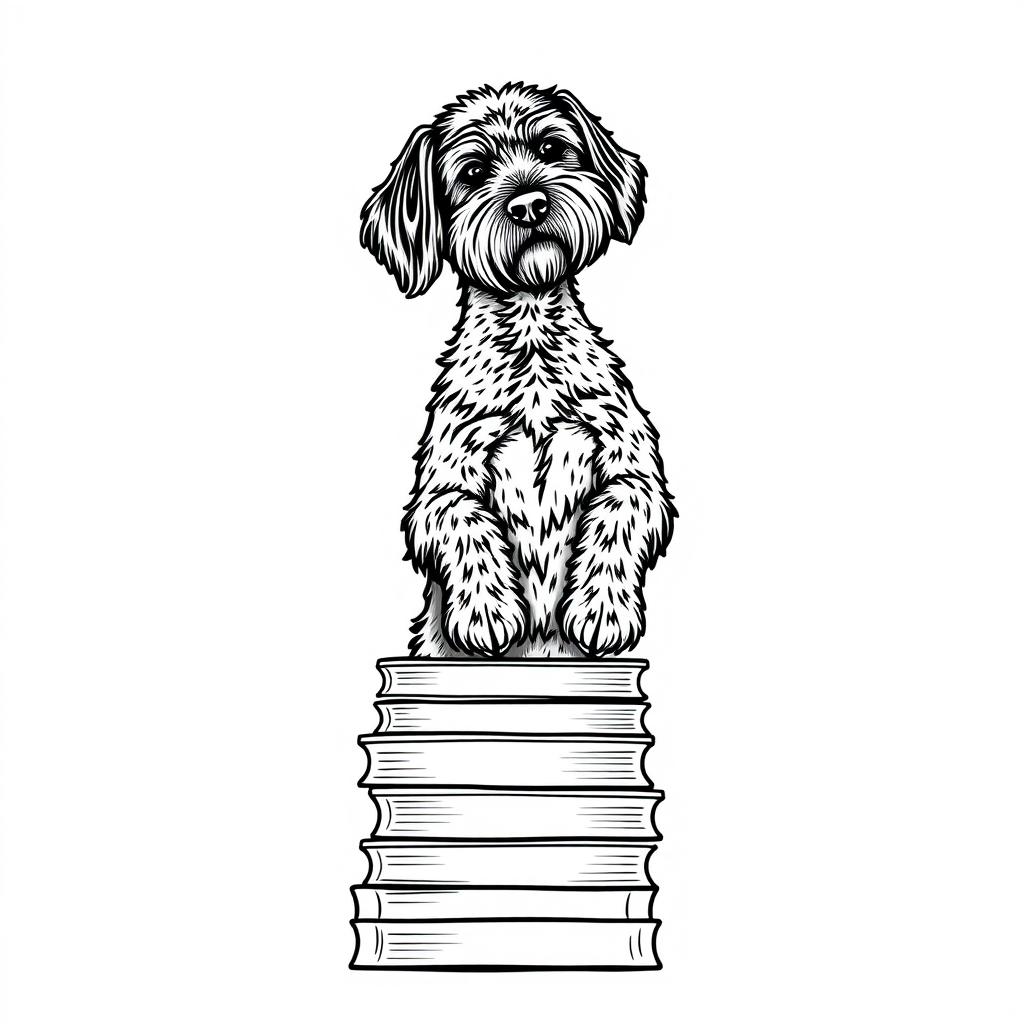 A Lagotto Romagnolo standing on its two back legs, leaning with its two front paws placed firmly on a stack of books