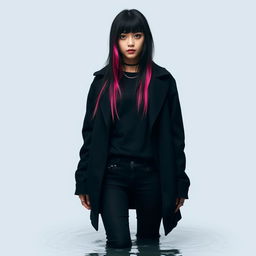 An emo girl with long black hair and vibrant pink strands, standing waist-deep in a simple background