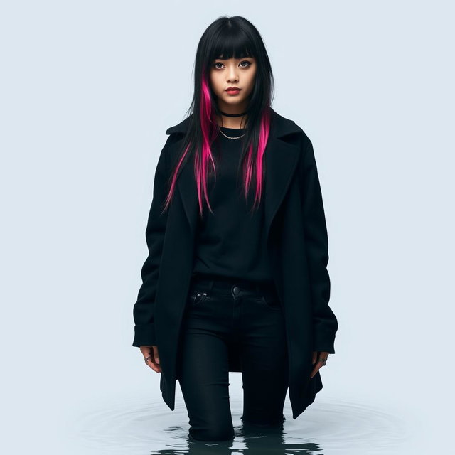 An emo girl with long black hair and vibrant pink strands, standing waist-deep in a simple background