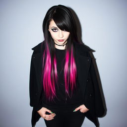 An emo girl with long black hair and vibrant pink strands, standing waist-deep in a simple background