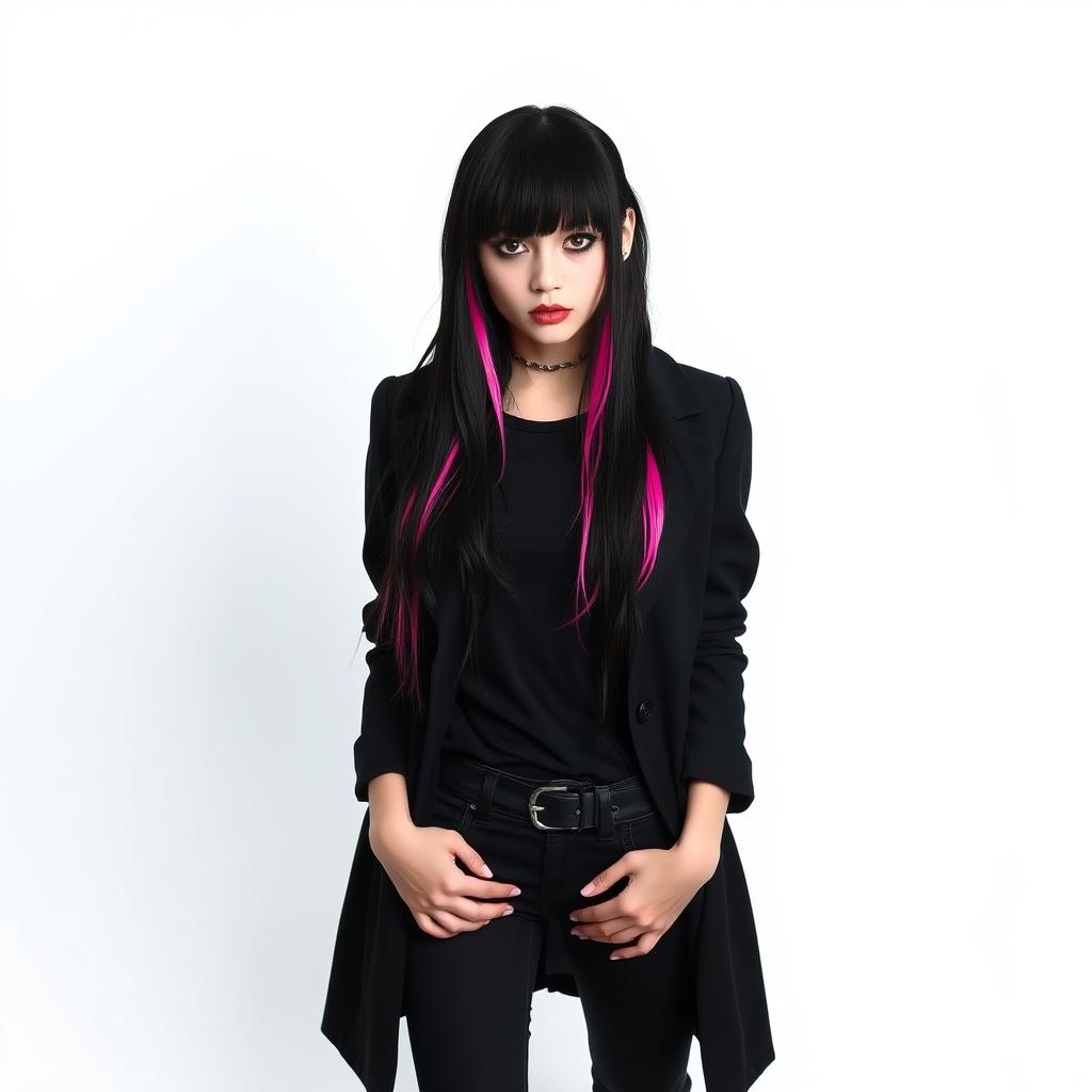 An emo girl with long black hair and vibrant pink strands, standing waist-deep in a simple background