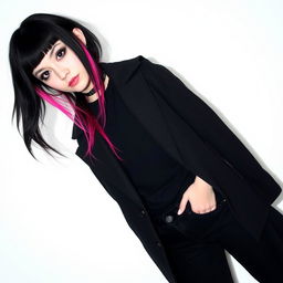 An emo girl with long black hair and vibrant pink strands, standing waist-deep in a simple background