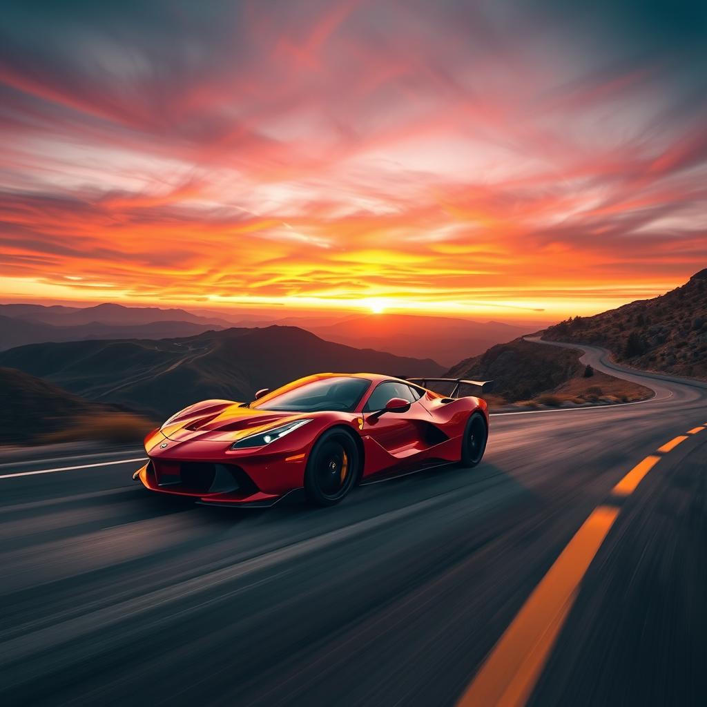 A dynamic and thrilling image of a sleek sports car racing down a winding mountain road at maximum speed, with a breathtaking landscape of rolling hills and a vibrant sunset in the background