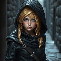 A young human female rogue with vibrant blonde hair peeking out from under a dark cloak, which has its hood up