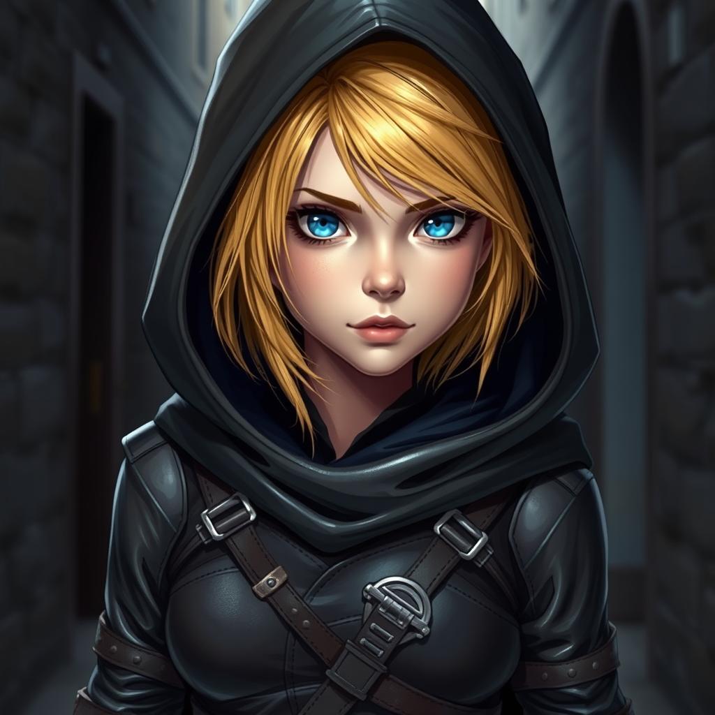 A young human female rogue with vibrant blonde hair peeking out from under a dark cloak, which has its hood up