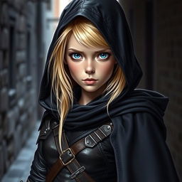 A young human female rogue with vibrant blonde hair peeking out from under a dark cloak, which has its hood up