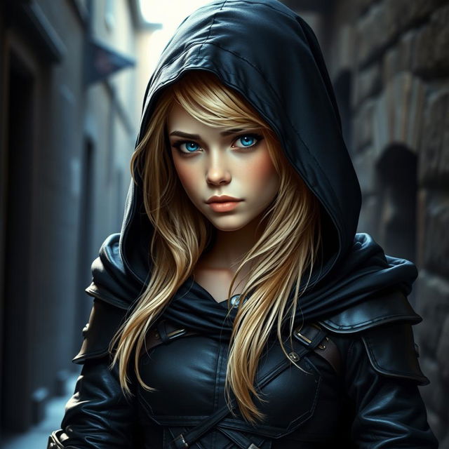 A young human female rogue with vibrant blonde hair peeking out from under a dark cloak, which has its hood up
