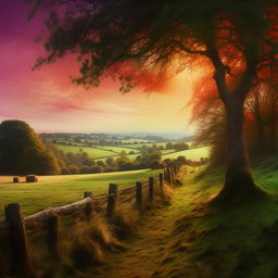 Amplify the idyllic English countryside painting to have more vibrant and exciting colors, while retaining the style of John William North.