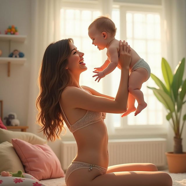 A playful scene featuring a realistic mom with a warm smile, wearing stylish yet comfortable lingerie, interacting lovingly with her happy baby in a bright, airy living room