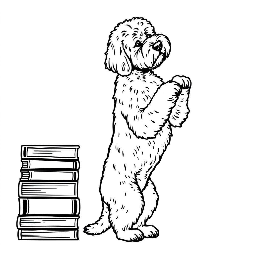A Lagotto Romagnolo standing on its two back legs, leaning with its two front paws placed on a stack of books located to the left