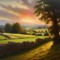 Amplify the idyllic English countryside painting to have more vibrant and exciting colors, while retaining the style of John William North.