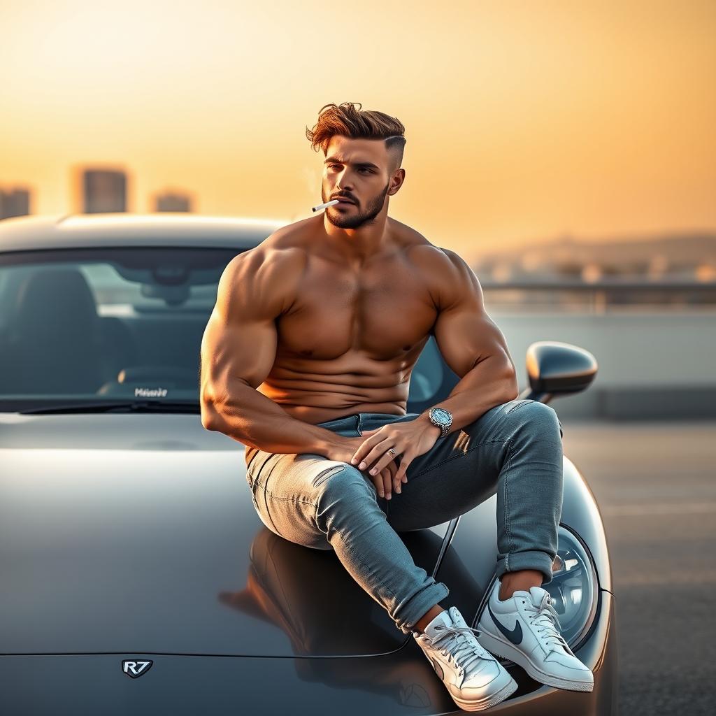 A stylish fit man smoking a cigarette, sitting on a sleek, high-end car with the name 'Hossein_R7' written on it