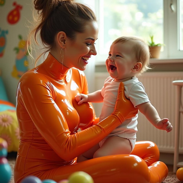 A playful mother in a realistic latex outfit interacting joyfully with her baby