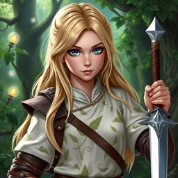 A young female human Dungeons and Dragons character with long blonde hair and striking blue eyes