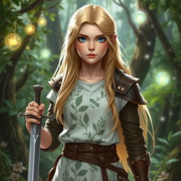 A young female human Dungeons and Dragons character with long blonde hair and striking blue eyes