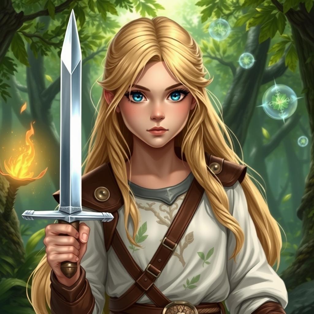 A young female human Dungeons and Dragons character with long blonde hair and striking blue eyes