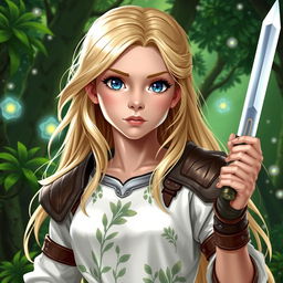 A young female human Dungeons and Dragons character with long blonde hair and striking blue eyes