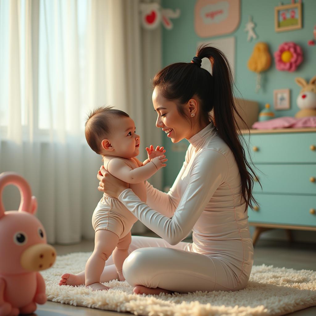 A playful woman wearing realistic latex clothing, engaging lovingly with her baby in a bright and cheerful nursery