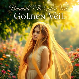 A whimsical and dreamy book cover for 'Beneath The Golden Veil', featuring an ethereal young woman with flowing hair, wearing a delicate golden veil