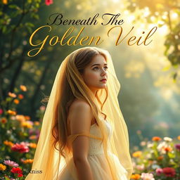 A whimsical and dreamy book cover for 'Beneath The Golden Veil', featuring an ethereal young woman with flowing hair, wearing a delicate golden veil