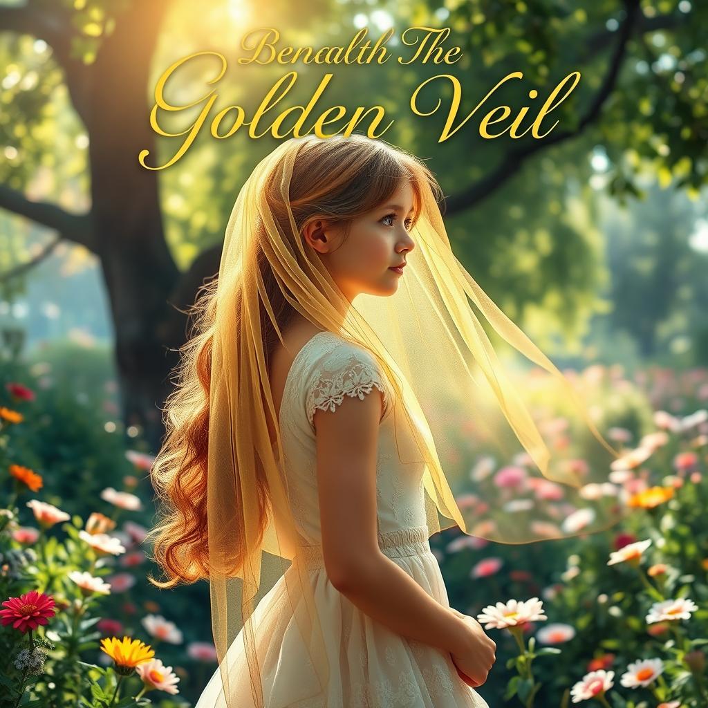 A whimsical and dreamy book cover for 'Beneath The Golden Veil', featuring an ethereal young woman with flowing hair, wearing a delicate golden veil