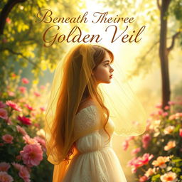 A whimsical and dreamy book cover for 'Beneath The Golden Veil', featuring an ethereal young woman with flowing hair, wearing a delicate golden veil