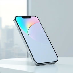 A sleek, modern iPhone displayed against a minimalist background, showcasing its innovative design features such as the edge-to-edge display, stylish metallic finish, and the latest camera module