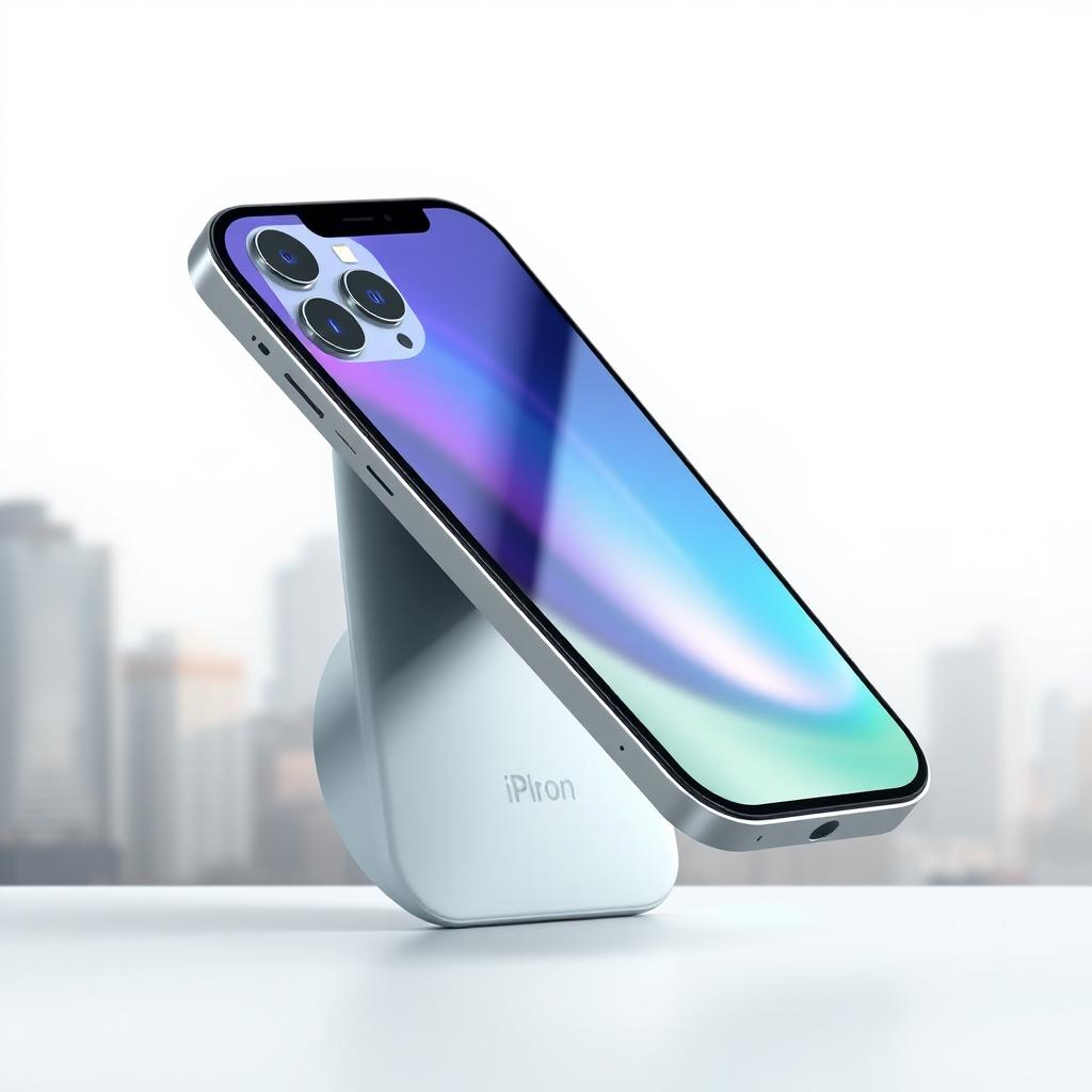 A sleek, modern iPhone displayed against a minimalist background, showcasing its innovative design features such as the edge-to-edge display, stylish metallic finish, and the latest camera module