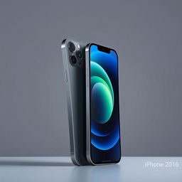 A sleek, modern iPhone displayed against a minimalist background, showcasing its innovative design features such as the edge-to-edge display, stylish metallic finish, and the latest camera module