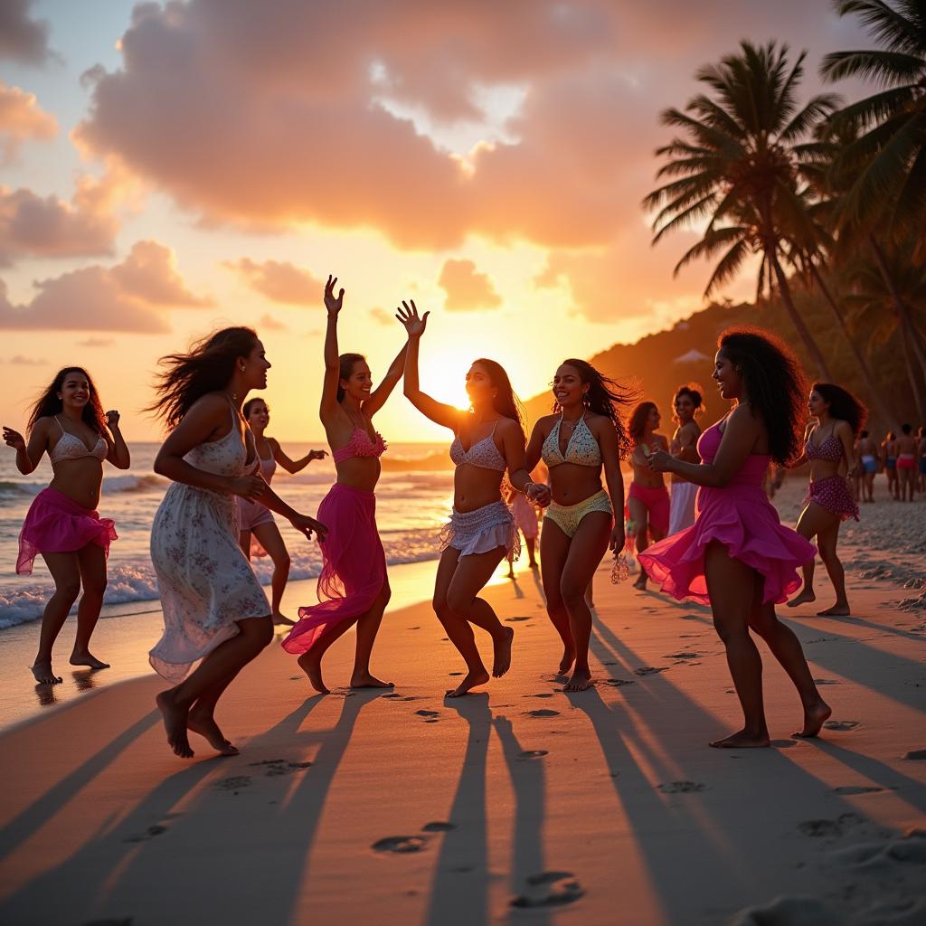 A vibrant scene of beach dancers performing lively dances on a sandy beach during sunset