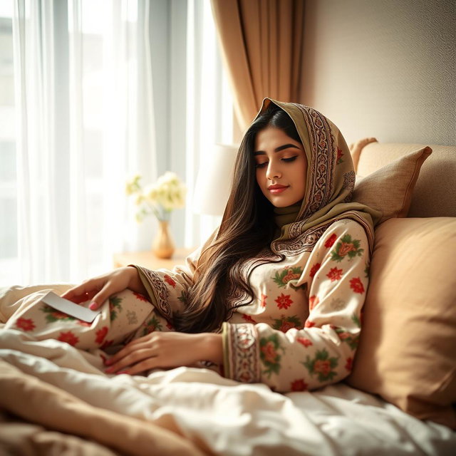 A serene and comfortable scene featuring a young Indian Muslim woman resting in bed, dressed in elegant ethnic pajamas, with colorful patterns